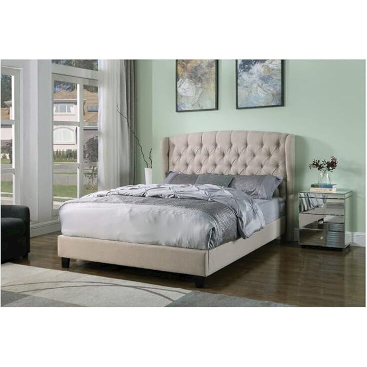 Frances Solid Wood/Fabric Upholstry Cal King Platform Bed - Beige. Picture 1