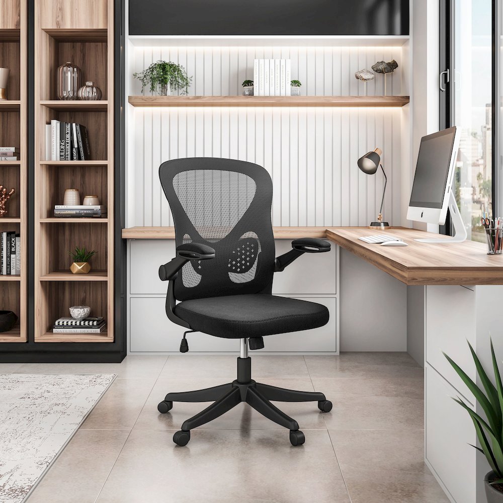 Techni Mobili Black Mesh Office Chair with Lumbar Support and Flip-Up Arms. Picture 9
