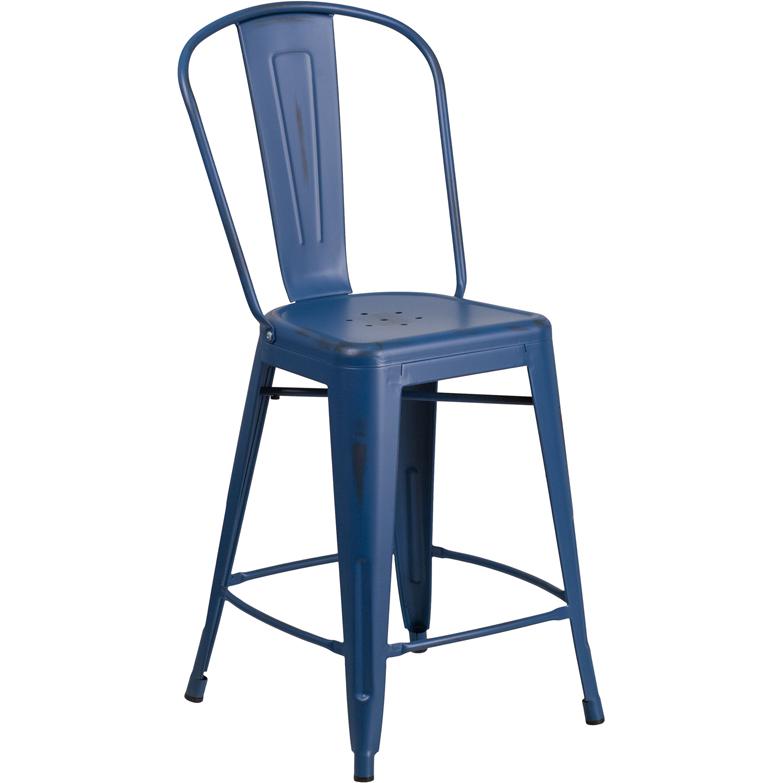 24" High Distressed Antique Blue Metal Indoor-Outdoor Counter Height Stool. Picture 1