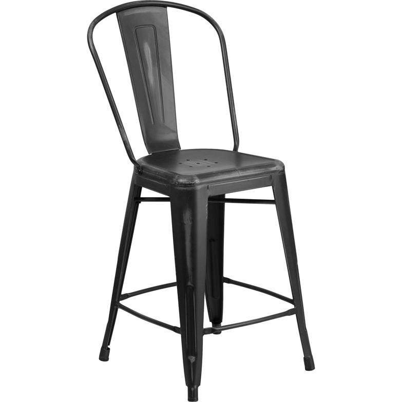 Commercial Grade 24" High Distressed Black Metal Indoor-Outdoor Counter Height Stool with Back. Picture 1