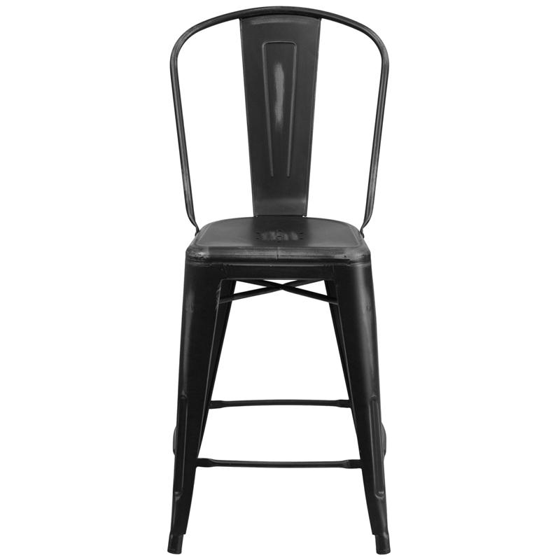24" High Distressed Black Metal Indoor-Outdoor Counter Height Stool with Back. Picture 4