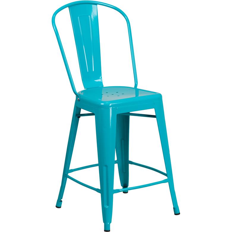 Commercial Grade 24" High Crystal Teal-Blue Metal Indoor-Outdoor Counter Height Stool with Back. The main picture.