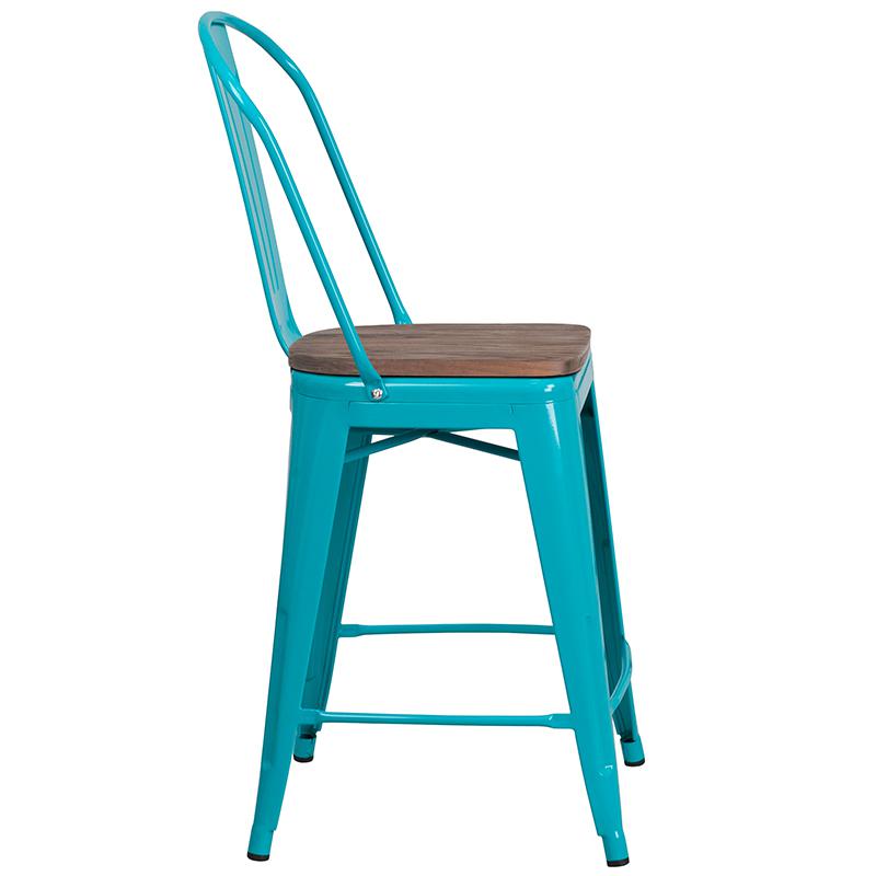 24" High Crystal Teal-Blue Metal Counter Height Stool with Back and Wood Seat. Picture 2