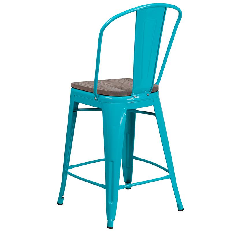24" High Crystal Teal-Blue Metal Counter Height Stool with Back and Wood Seat. Picture 3