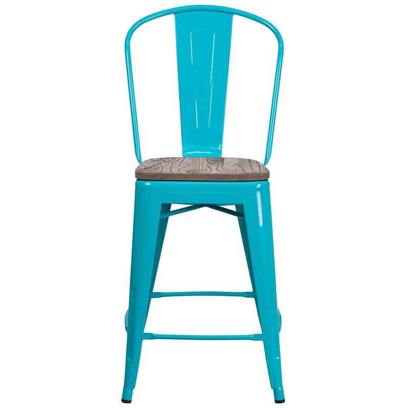 24" High Crystal Teal-Blue Metal Counter Height Stool with Back and Wood Seat. Picture 4