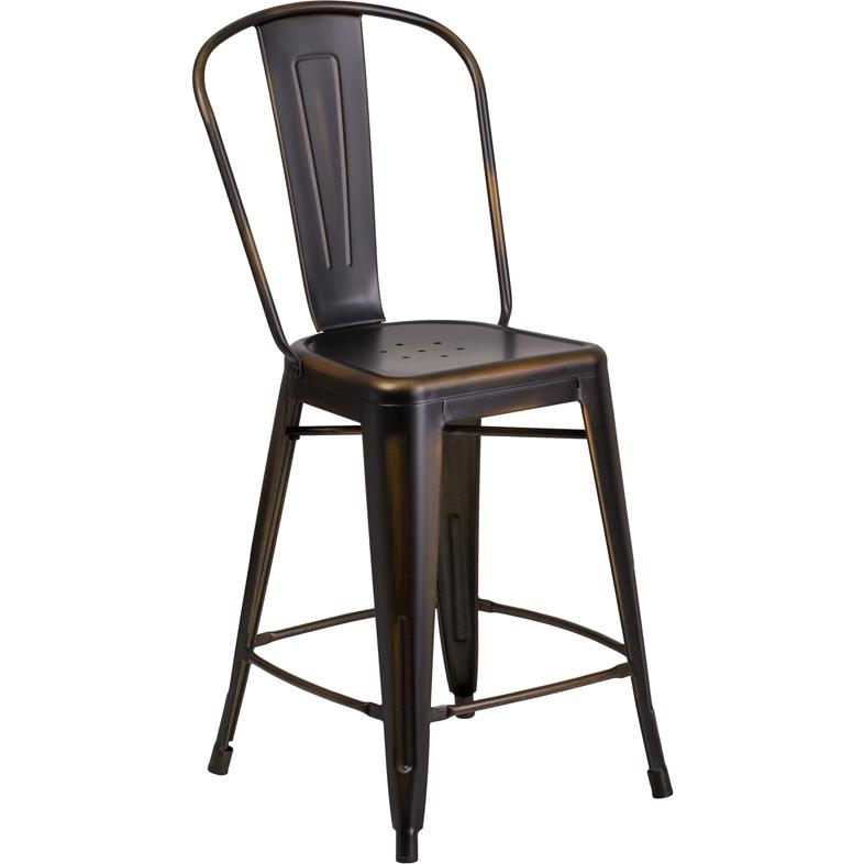 Commercial Grade 24" High Distressed Copper Metal Indoor-Outdoor Counter Height Stool with Back. The main picture.