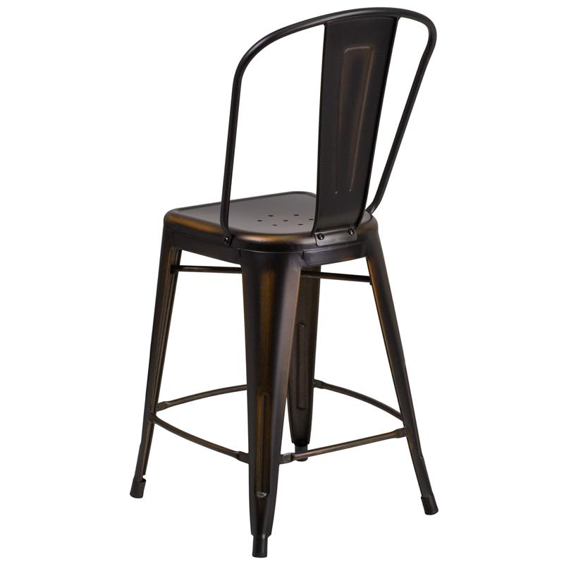 Commercial Grade 24" High Distressed Copper Metal Indoor-Outdoor Counter Height Stool with Back. Picture 3