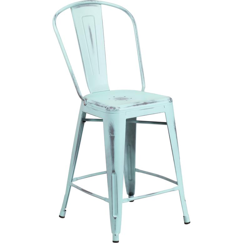 24" High Distressed Green-Blue Metal Indoor-Outdoor Counter Height Stool. Picture 1