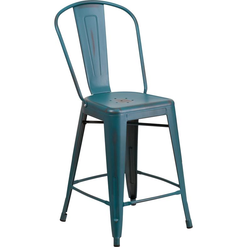 Commercial Grade 24" High Distressed Kelly Blue-Teal Metal Indoor-Outdoor Counter Height Stool with Back. The main picture.