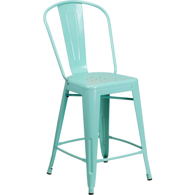 24" High Mint Green Metal Indoor-Outdoor Counter Height Stool with Back. Picture 1