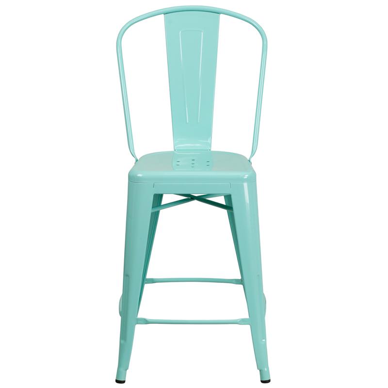 24" High Mint Green Metal Indoor-Outdoor Counter Height Stool with Back. Picture 4