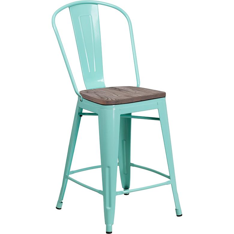 24" High Mint Green Metal Counter Height Stool with Back and Wood Seat. Picture 1
