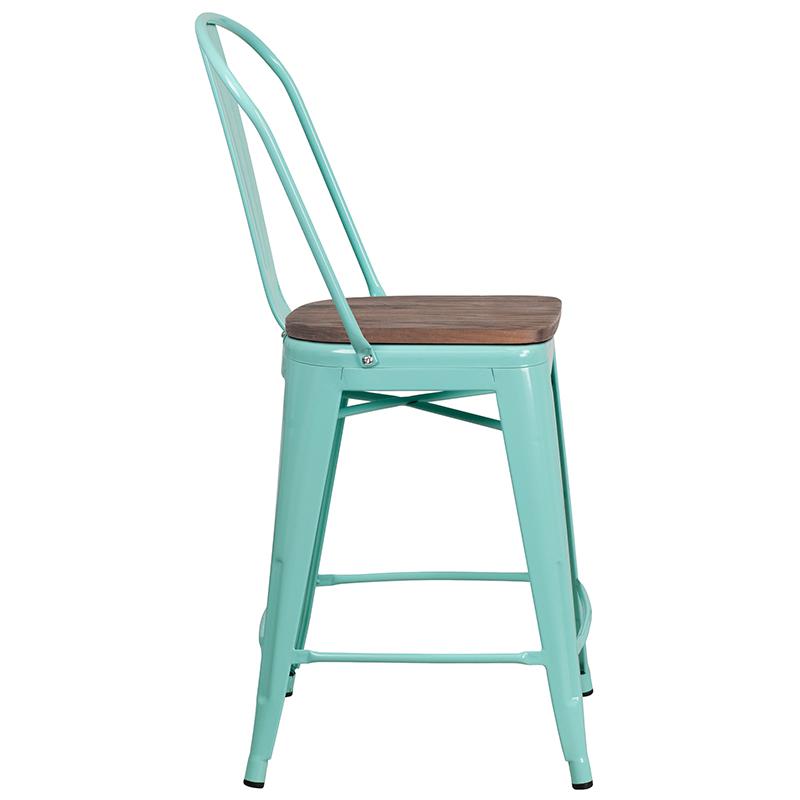24" High Mint Green Metal Counter Height Stool with Back and Wood Seat. Picture 2