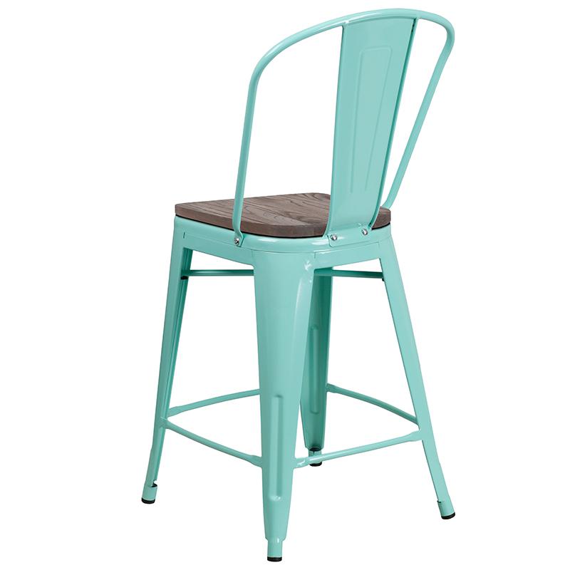 24" High Mint Green Metal Counter Height Stool with Back and Wood Seat. Picture 3