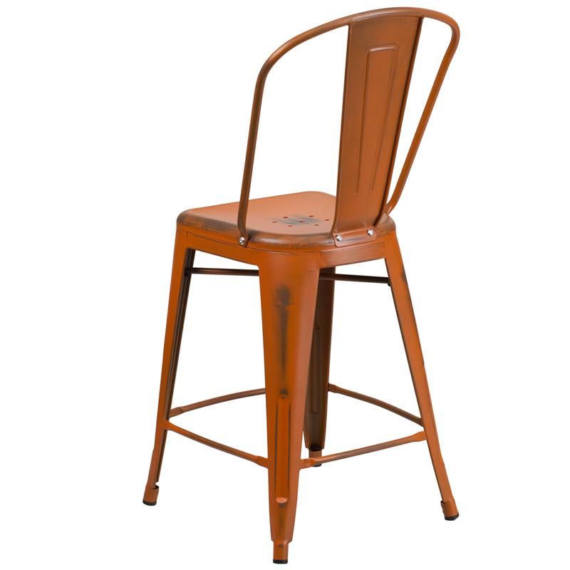 Commercial Grade 24" High Distressed Orange Metal Indoor-Outdoor Counter Height Stool with Back. Picture 3