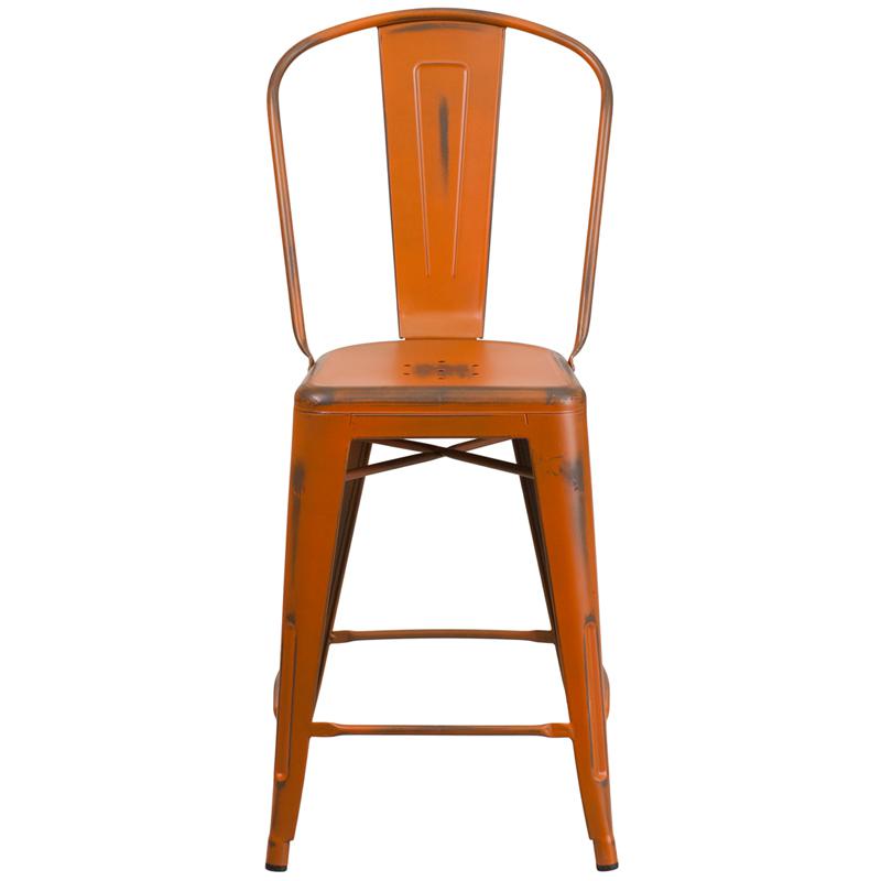 Commercial Grade 24" High Distressed Orange Metal Indoor-Outdoor Counter Height Stool with Back. Picture 4