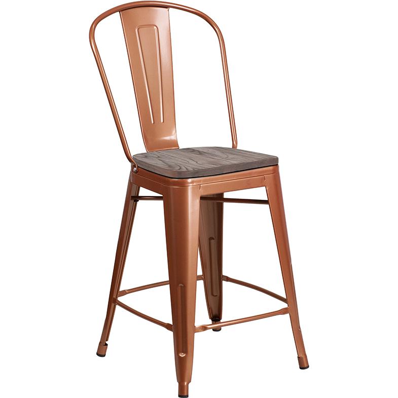 24" High Copper Metal Counter Height Stool with Back and Wood Seat. Picture 1