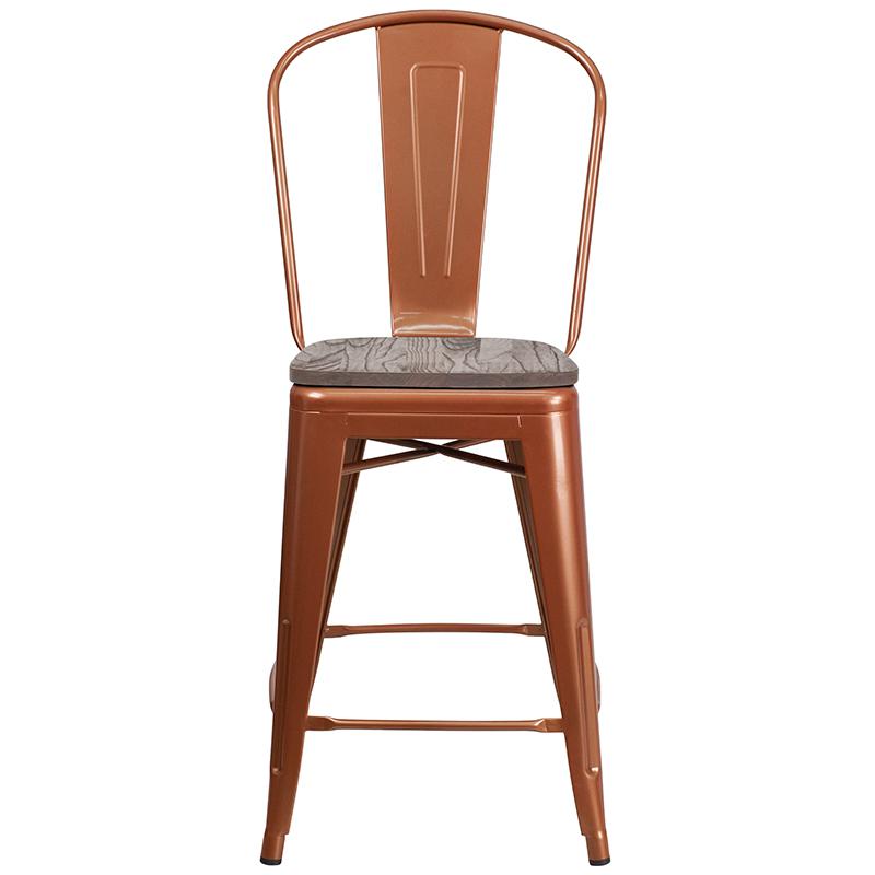 24" High Copper Metal Counter Height Stool with Back and Wood Seat. Picture 4