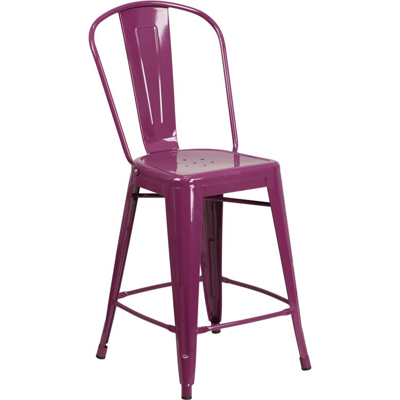 Commercial Grade 24" High Purple Metal Indoor-Outdoor Counter Height Stool with Back. The main picture.