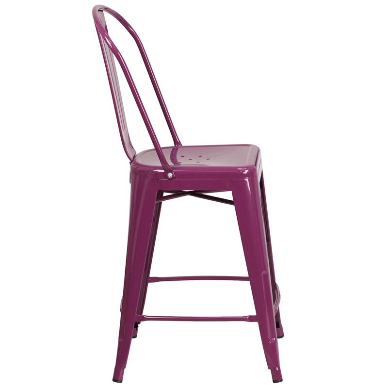 Commercial Grade 24" High Purple Metal Indoor-Outdoor Counter Height Stool with Back. Picture 2