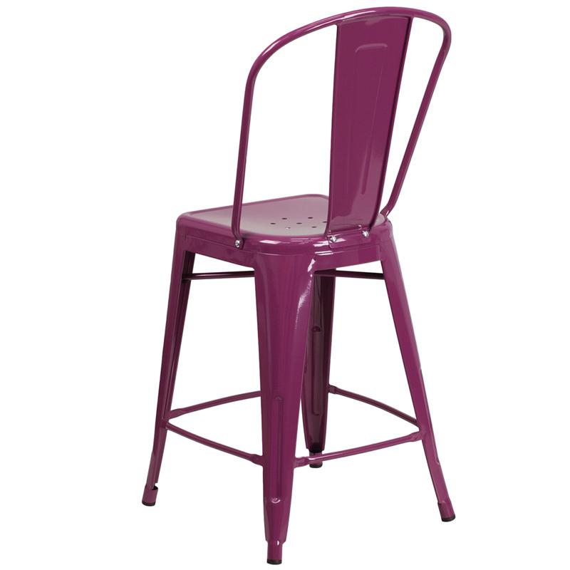 Commercial Grade 24" High Purple Metal Indoor-Outdoor Counter Height Stool with Back. Picture 3