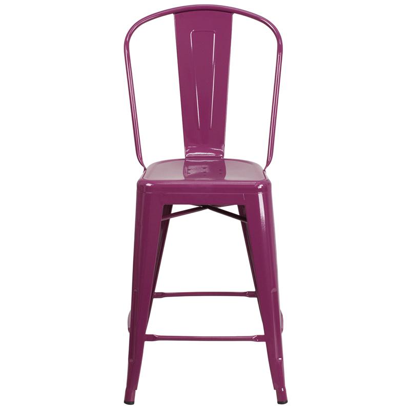 Commercial Grade 24" High Purple Metal Indoor-Outdoor Counter Height Stool with Back. Picture 4