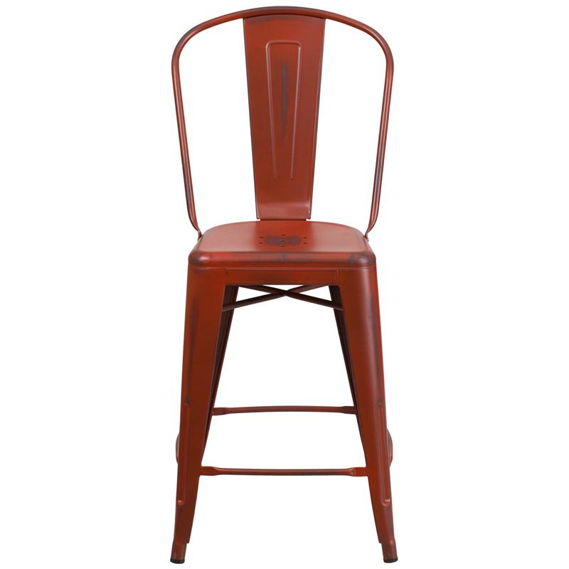 24" High Distressed Kelly Red Metal Indoor-Outdoor Counter Height Stool. Picture 4
