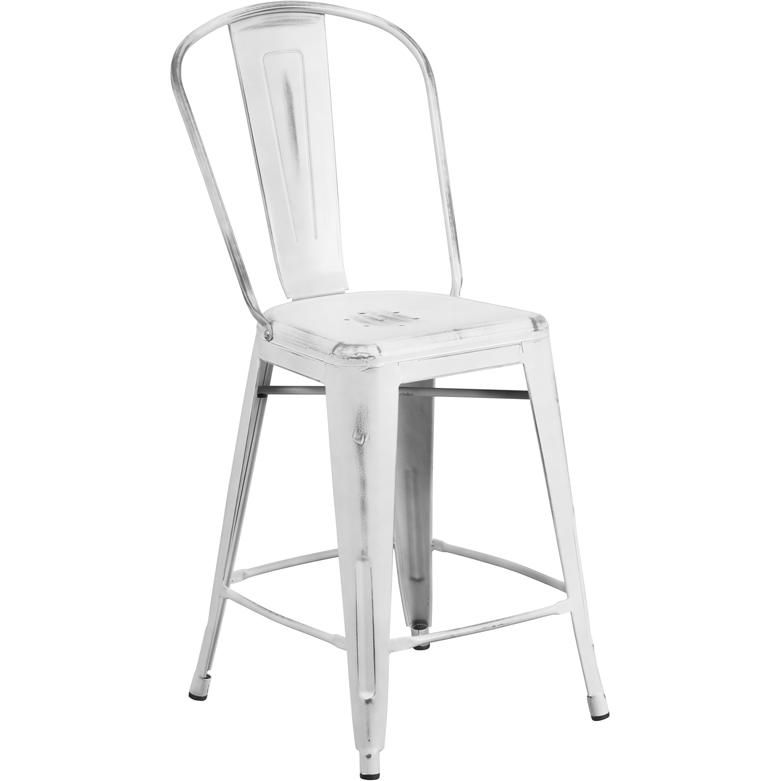 Commercial Grade 24" High Distressed White Metal Indoor-Outdoor Counter Height Stool with Back. Picture 1