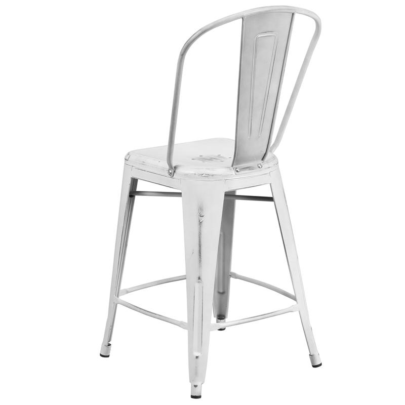 Commercial Grade 24" High Distressed White Metal Indoor-Outdoor Counter Height Stool with Back. Picture 3