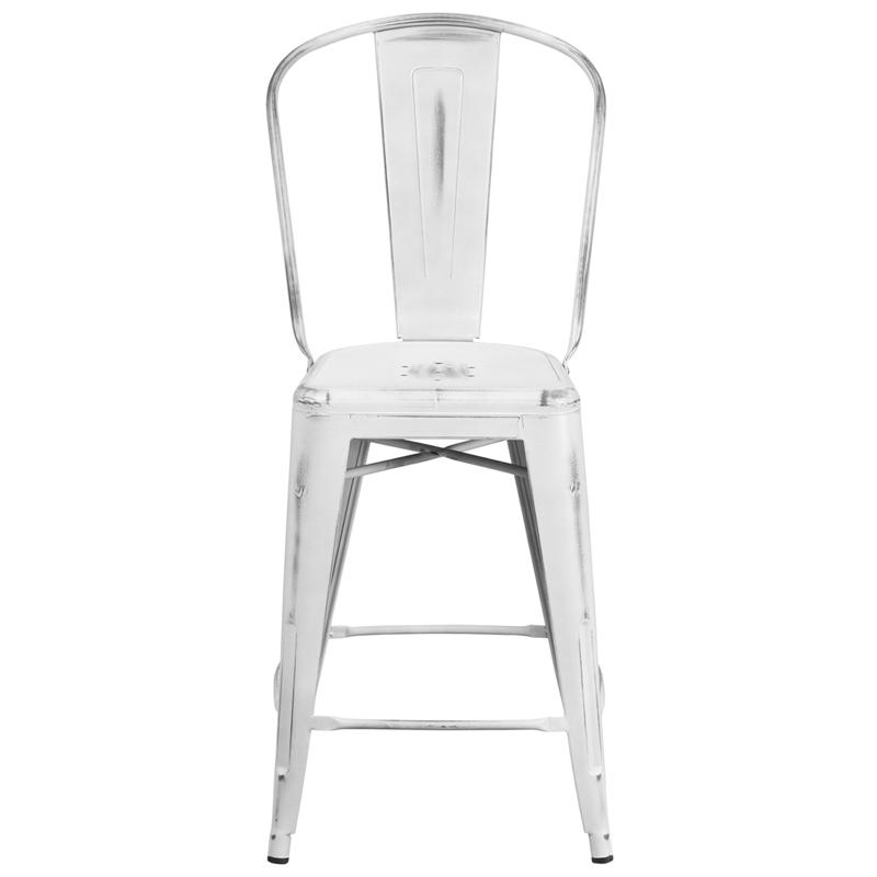 Commercial Grade 24" High Distressed White Metal Indoor-Outdoor Counter Height Stool with Back. Picture 4