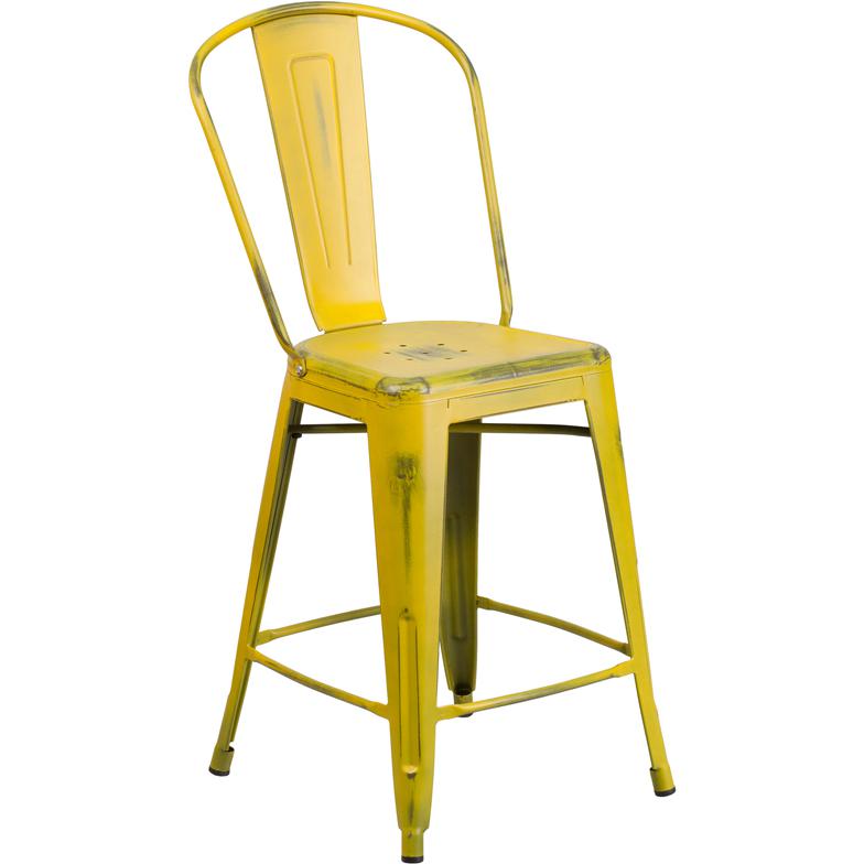 24" High Distressed Yellow Metal Indoor-Outdoor Counter Height Stool with Back. Picture 1