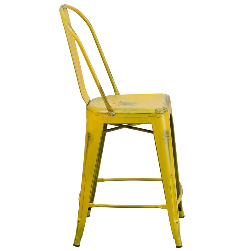 24" High Distressed Yellow Metal Indoor-Outdoor Counter Height Stool with Back. Picture 2