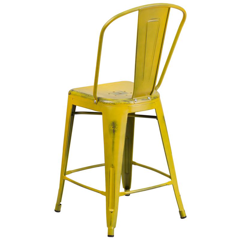 24" High Distressed Yellow Metal Indoor-Outdoor Counter Height Stool with Back. Picture 3