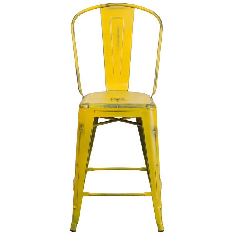 24" High Distressed Yellow Metal Indoor-Outdoor Counter Height Stool with Back. Picture 4
