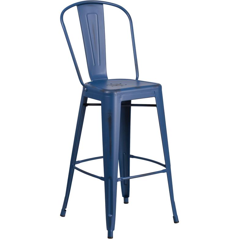 Commercial Grade 30" High Distressed Antique Blue Metal Indoor-Outdoor Barstool with Back. The main picture.
