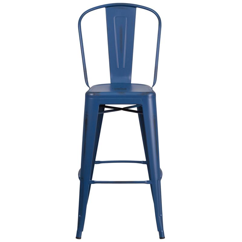 Commercial Grade 30" High Distressed Antique Blue Metal Indoor-Outdoor Barstool with Back. Picture 4