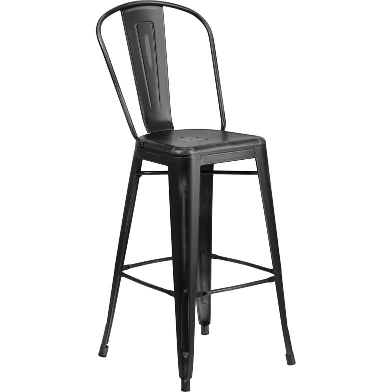 Commercial Grade 30" High Distressed Black Metal Indoor-Outdoor Barstool with Back. Picture 1