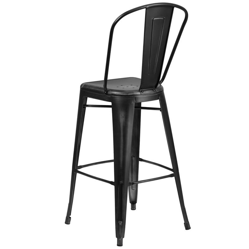 Commercial Grade 30" High Distressed Black Metal Indoor-Outdoor Barstool with Back. Picture 3