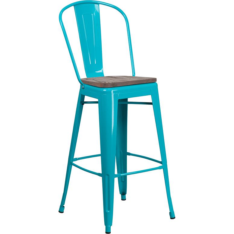 30" High Crystal Teal-Blue Metal Barstool with Back and Wood Seat. Picture 1