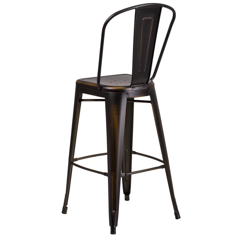 Commercial Grade 30" High Distressed Copper Metal Indoor-Outdoor Barstool with Back. Picture 3
