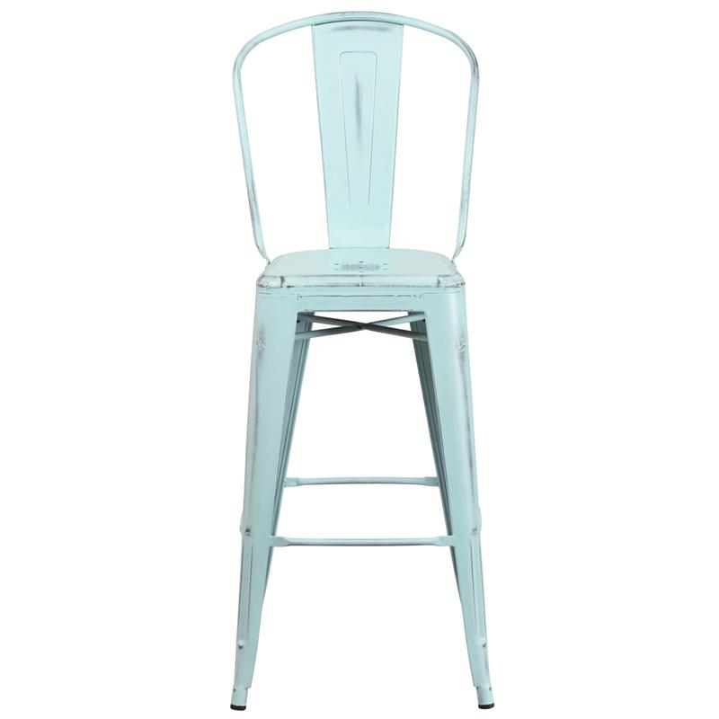 Commercial Grade 30" High Distressed Green-Blue Metal Indoor-Outdoor Barstool with Back. Picture 4