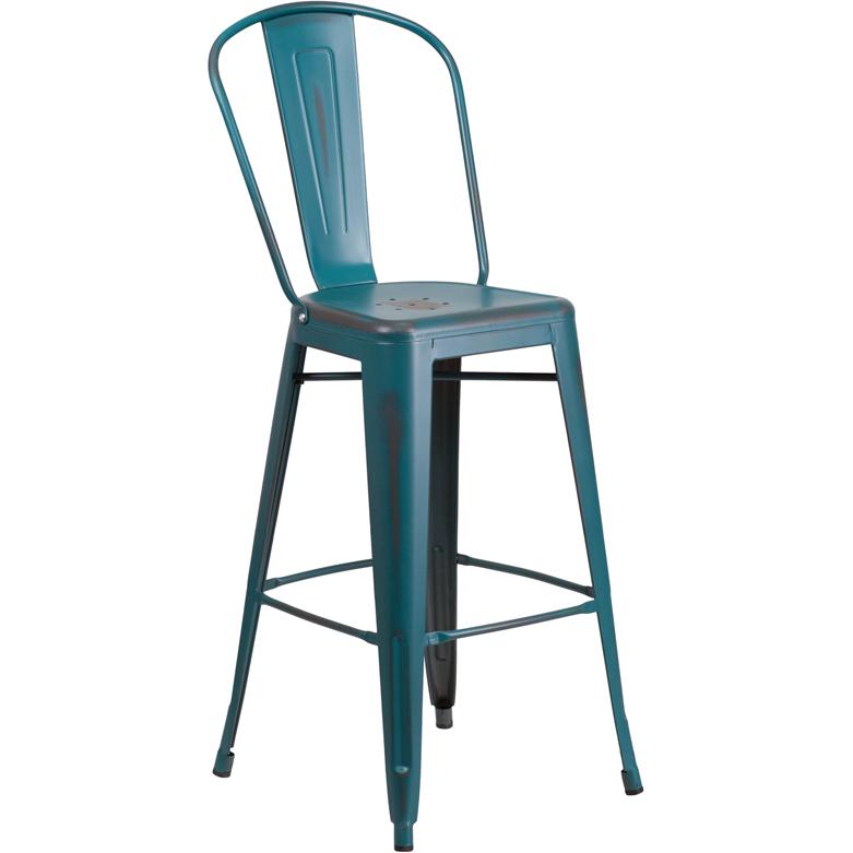 30" High Distressed Kelly Blue-Teal Metal Indoor-Outdoor Barstool with Back. Picture 1