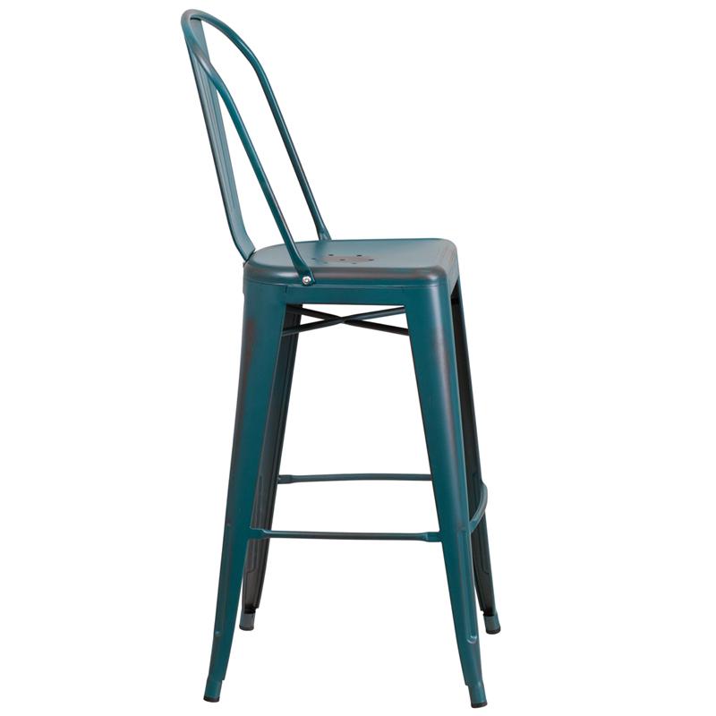 30" High Distressed Kelly Blue-Teal Metal Indoor-Outdoor Barstool with Back. Picture 2