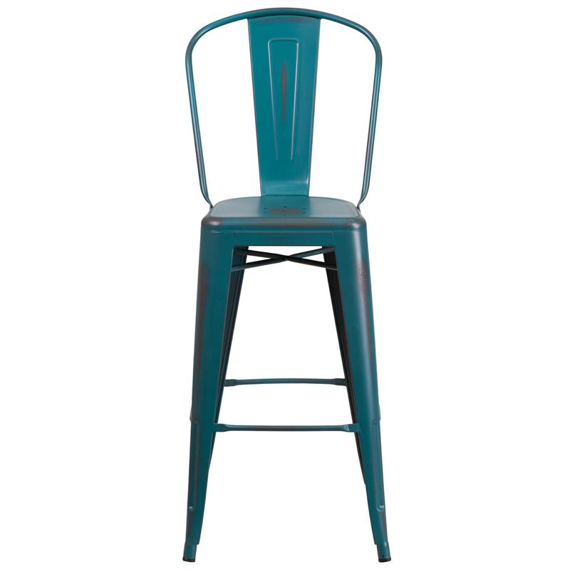 30" High Distressed Kelly Blue-Teal Metal Indoor-Outdoor Barstool with Back. Picture 4