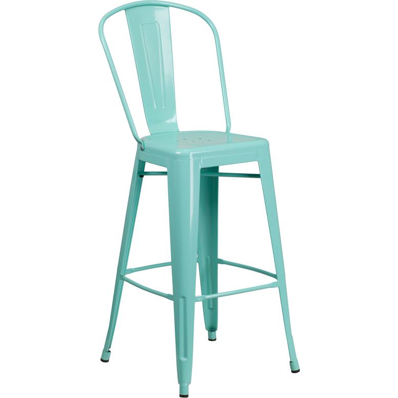 Commercial Grade 30" High Mint Green Metal Indoor-Outdoor Barstool with Back. The main picture.