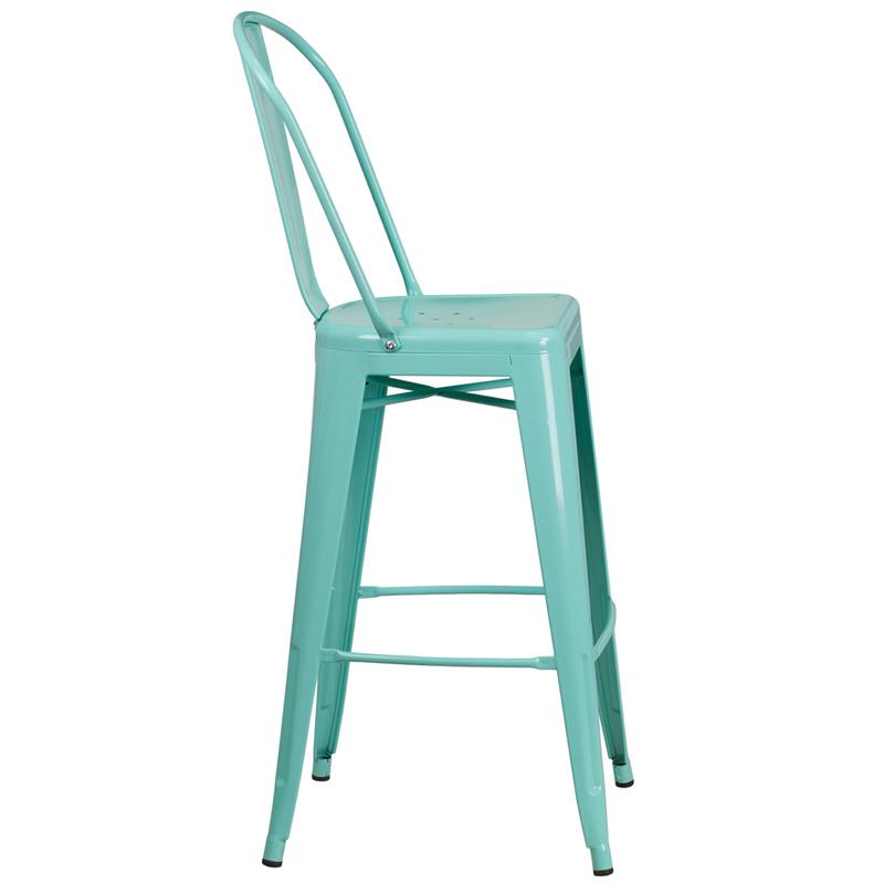 Commercial Grade 30" High Mint Green Metal Indoor-Outdoor Barstool with Back. Picture 2