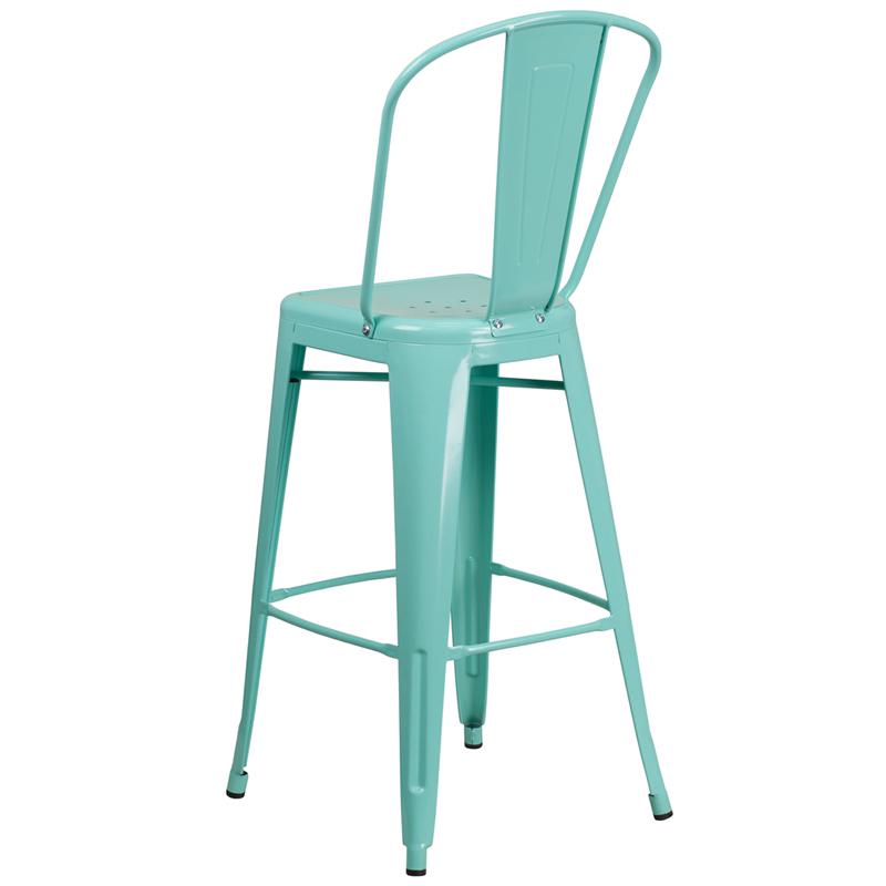 Commercial Grade 30" High Mint Green Metal Indoor-Outdoor Barstool with Back. Picture 3