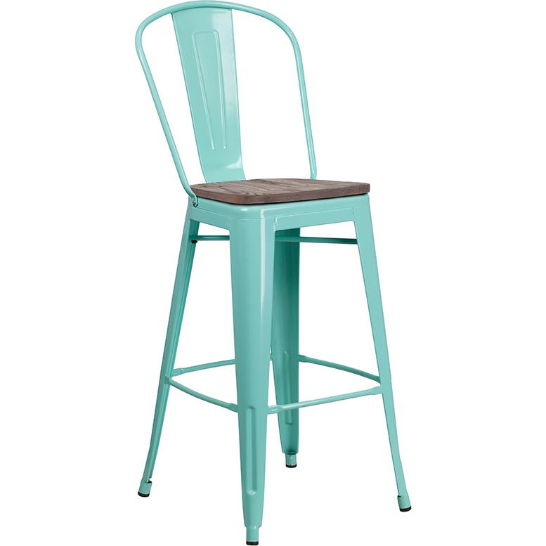 30" High Mint Green Metal Barstool with Back and Wood Seat. Picture 1
