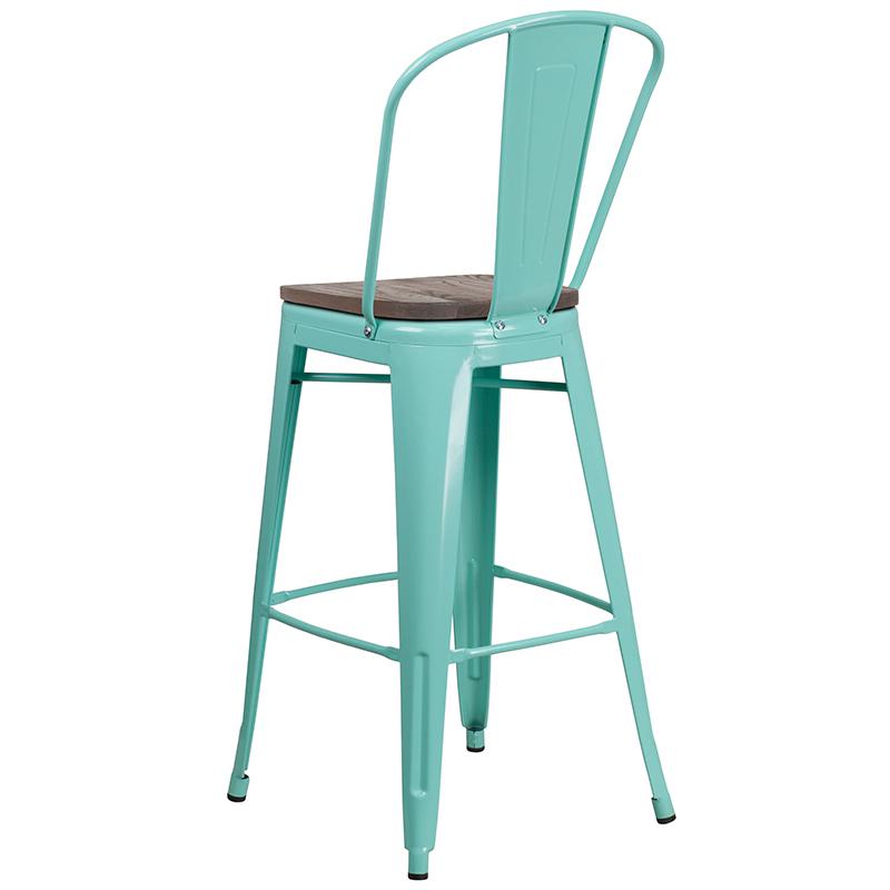 30" High Mint Green Metal Barstool with Back and Wood Seat. Picture 3