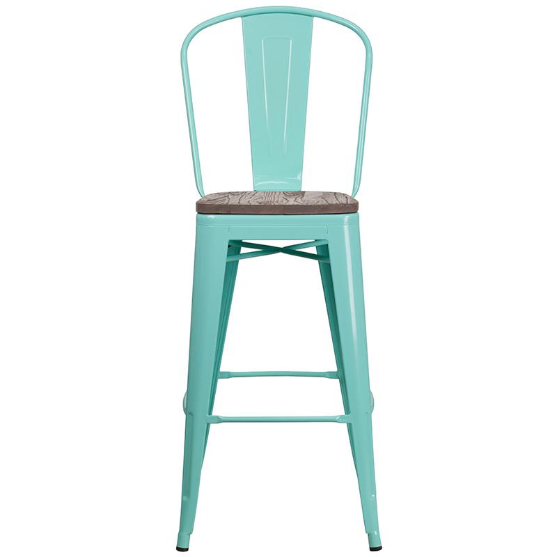 30" High Mint Green Metal Barstool with Back and Wood Seat. Picture 4